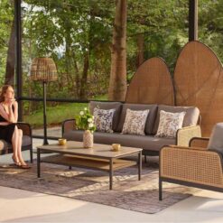 Casual black outdoor sofa, wicker woven coffee table, hotel private garden outdoor furniture