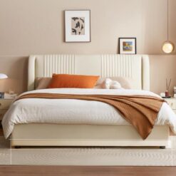 Cream Style Leather Bed Master Bedroom Solid Wood Double Bed Minimalist Modern Minimalist Down Soft Pack Cloud Bed