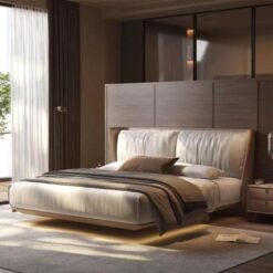 Italian Style Suspended Leather Bed Minimalist Soft Double Bed Master Bedroom with Lamp Top Layer Cowhide Bedroom Bed