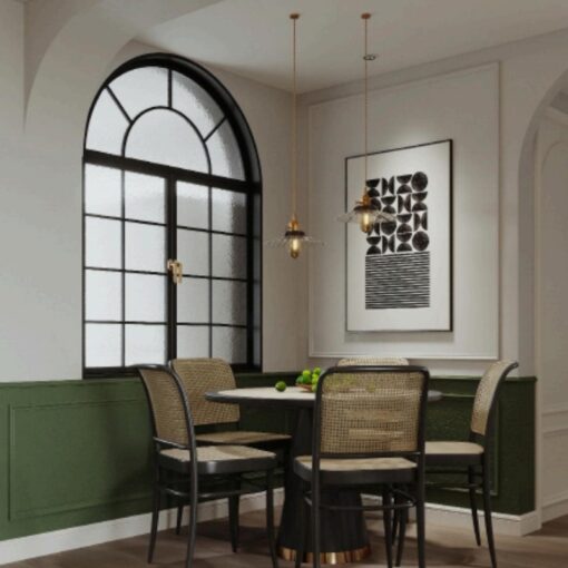 Wholesaler of high-end retro arc-shaped black stainless steel flat-rolled frosted glass Windows