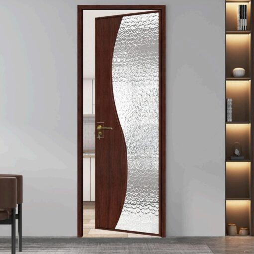 New Chinese style imitation wood grain aluminum alloy sliding door, long rainbow glass door and window furniture factory