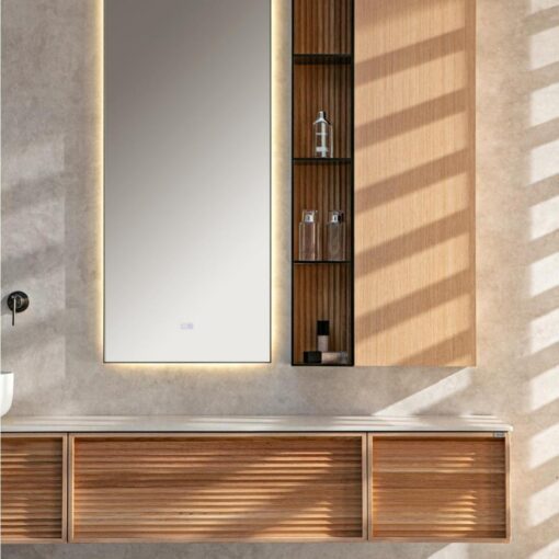 Japanese style yellow wood veneer bathroom cabinet natural marble countertop bathroom shelf - Image 3
