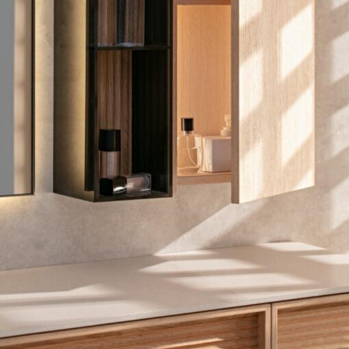 Japanese style yellow wood veneer bathroom cabinet natural marble countertop bathroom shelf - Image 2