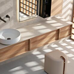 Japanese style yellow wood veneer bathroom cabinet natural marble countertop bathroom shelf