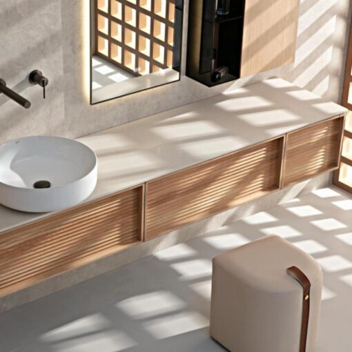Japanese style yellow wood veneer bathroom cabinet natural marble countertop bathroom shelf