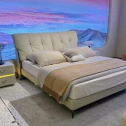 King Size Heavy Duty Bed Frame Genuine Leather Headboard Modern Style Upholstered Platform Bed Strong Slats Storage for Bedroom