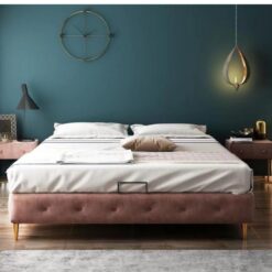 Light Luxury Gold Metal Leg Upholstery Cloth Art Double King Queen Full Size Pink Fabric Wooden Frame Bed