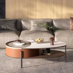 Light Luxury Saddle Leather Storage Tea Table Living Room Small Household Modern Oval Rock Panel Coffee Table