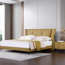 Luxury Leather Yellow Queen Size Modern Bed Bedroom Furniture Double king Size Up-holstered Beds