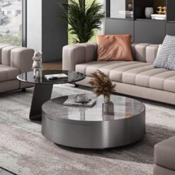 Luxury Living Room Storage Furniture Modern Side Table Simple Stainless Steel Round Stone Plate Coffee Table