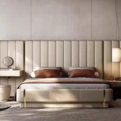 Luxury Modern Villa High End King Size Bed Set Minimalist Leather Headboard Gold Accent Double Wooden Frame Massage Bedroom