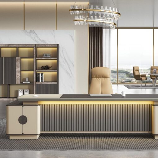 Luxury Unique Style Beige Leather Wood Office Furniture Executive Office Table Boss Ceo Modern Office Desk Suit