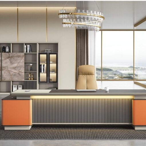 Luxury Unique Style Orange Leather Wood Office Furniture Executive Office Table Boss Ceo Modern Office Desk Factory