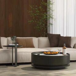 Minimalist Round Coffee Table Living Room Home Designer Creative Small Apartment Rock Panel Smoked Wood Storage Coffee Table