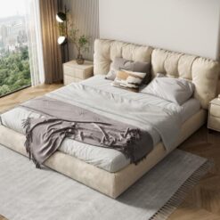 Minimally Designed Luxury Hotel Velvet Double Bed King-Size Bed Frame Upholstered with Fabric for Villa Bedroom