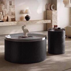Modern Minimalist Black Wood Coffee Table Set Round Top With Supercrystalline Stone Surface for Living Room Furniture
