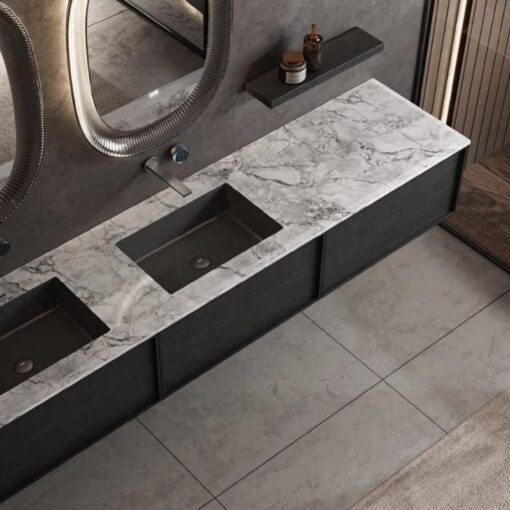Modern style black wood veneer bathroom cabinet natural marble countertop bathroom shelf - Image 2
